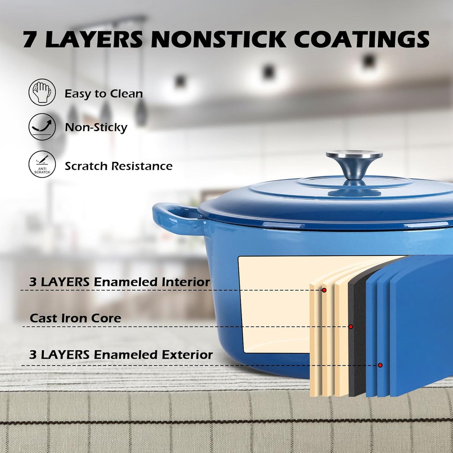 6 Quart Round Dutch Oven with Lid, Leonyo 6QT Enameled Cast Iron Dutch Oven for Sourdough Bread Baking, Heavy Duty Cookware for Braising, Stews, Roasting, Blue