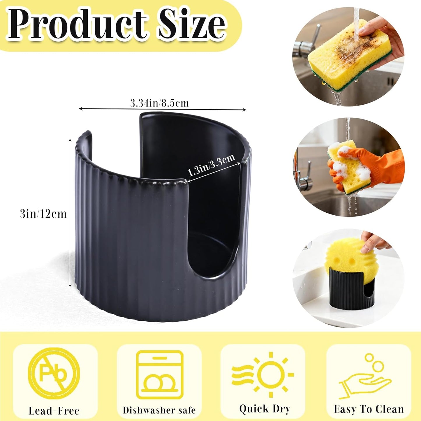 Ceramic Sponge Caddy for Kitchen Sink - Black Dish Sponge Holder, Scouring Pads Drying Rack for Countertop