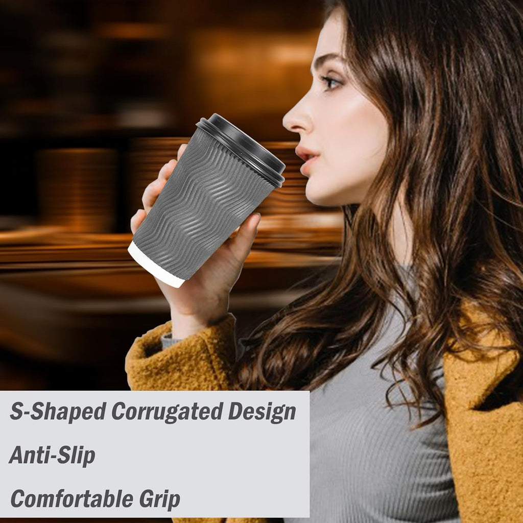 Lamosi 500 Pack - 16 oz Insulated Disposable Coffee Cups with Lids, To Go Paper Coffee Cups with Lids, Corrugated Ripple Wall Cup for Hot Drink Office Coffee Bar (Grey)