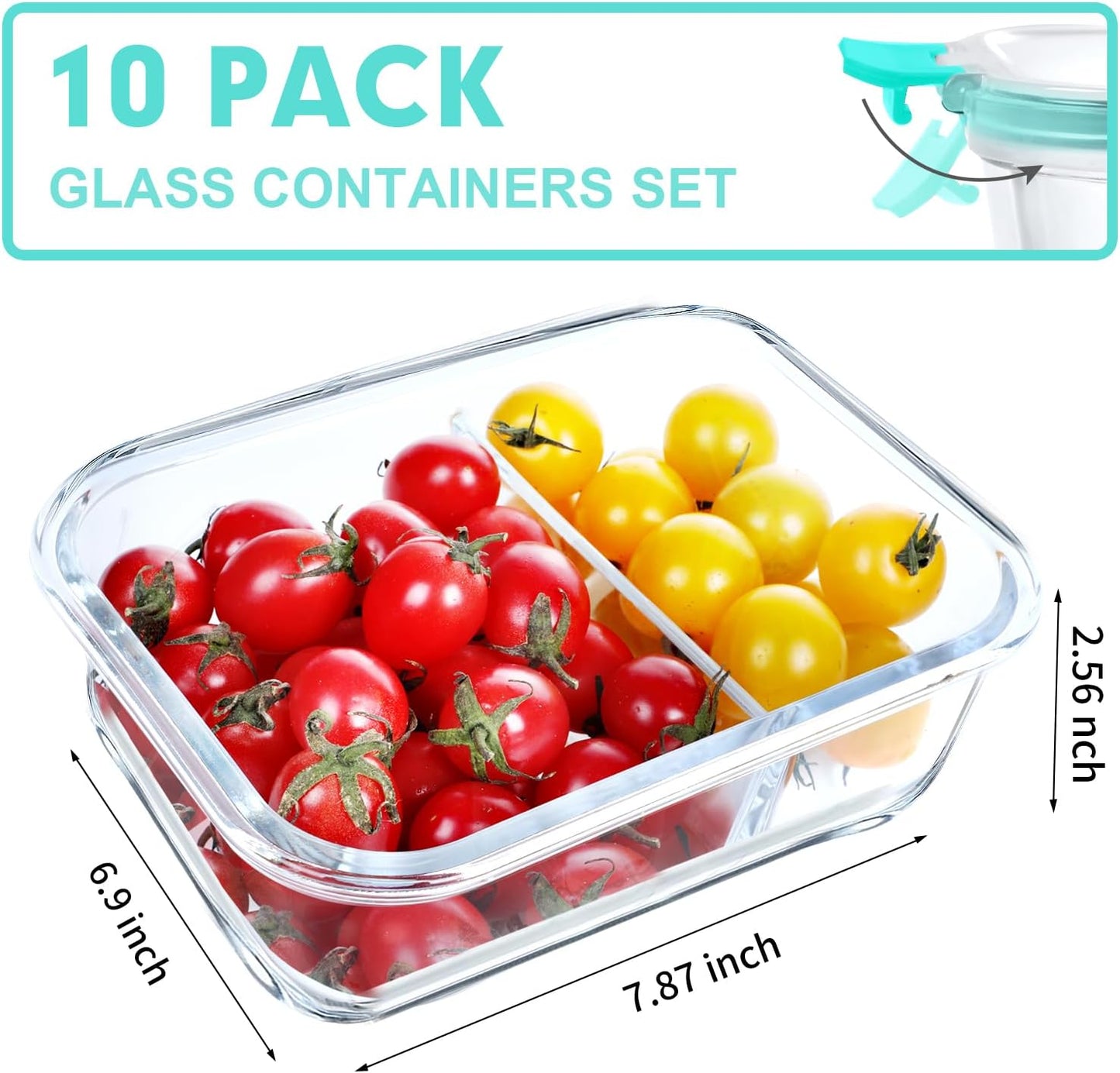 VERONES 10 Pack Glass Meal Prep Containers - 2 Compartment Set, 30 OZ Airtight Glass Lunch Containers with Lids, for Microwave, Oven, Freezer & Dishwasher Friendly, Green