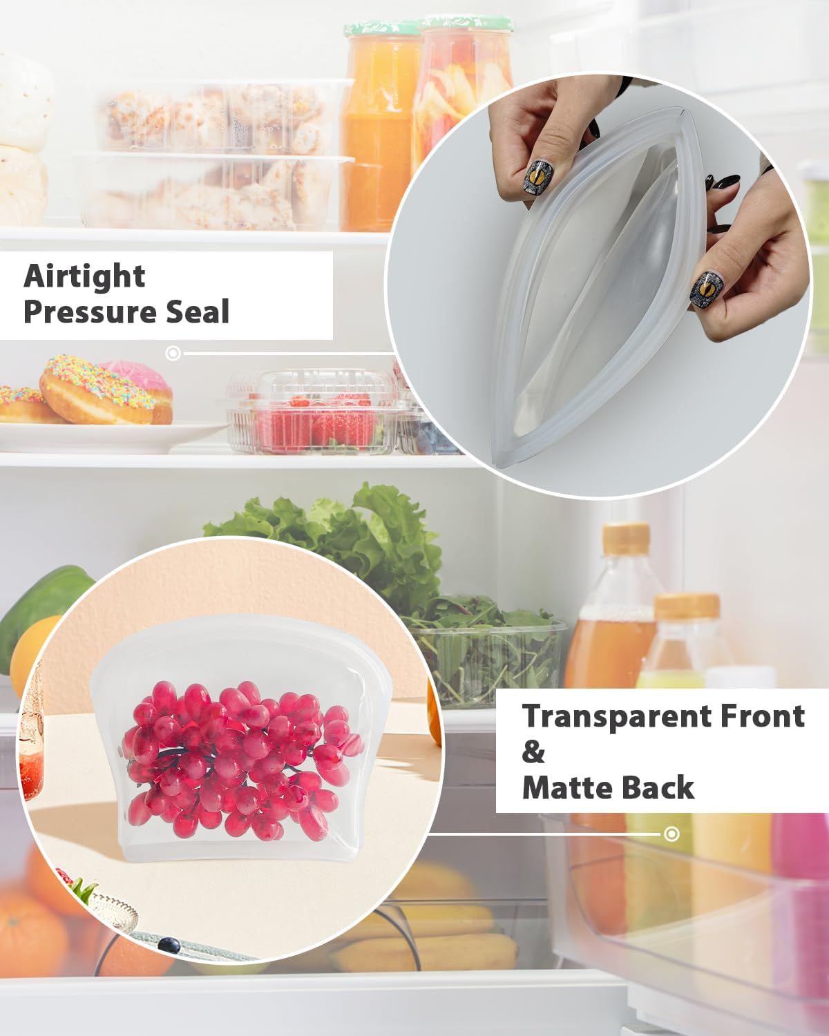 Reusable Silicone Storage Bag, 8Pack Pocket, Snack, and Sandwich Bag, Endurables Seal-Top Silicone Bags for Food Storage, Freezer, Microwave, Oven, Dishwasher Safe (Clear & Peach)