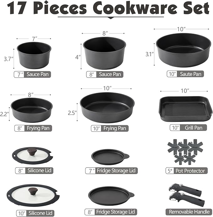 SENSARTE 17 Piece Pots and Pans Set, Nonstick Detachable Handle Cookware Set - Image 2