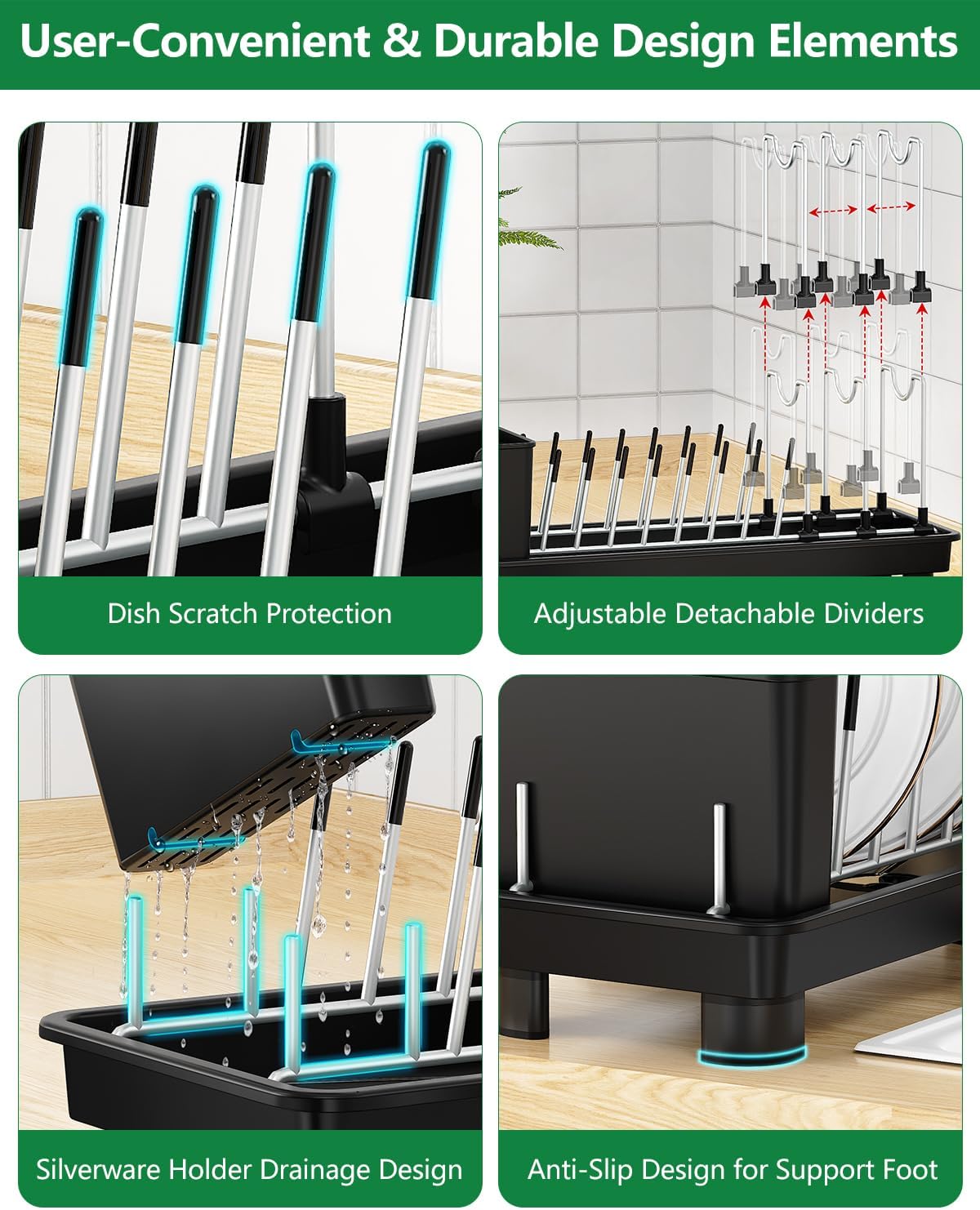 Small Dish Drying Rack, Compact Dish Rack for Kitchen Counter, Space Saving Plate Rack, Dish Strainer with Cutlery Holder, Black