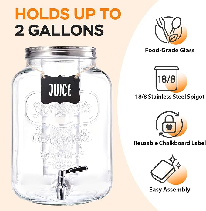 2 Gallon Large Glass Drink Dispenser Set, 2 Pack Beverage Dispensers - Image 5