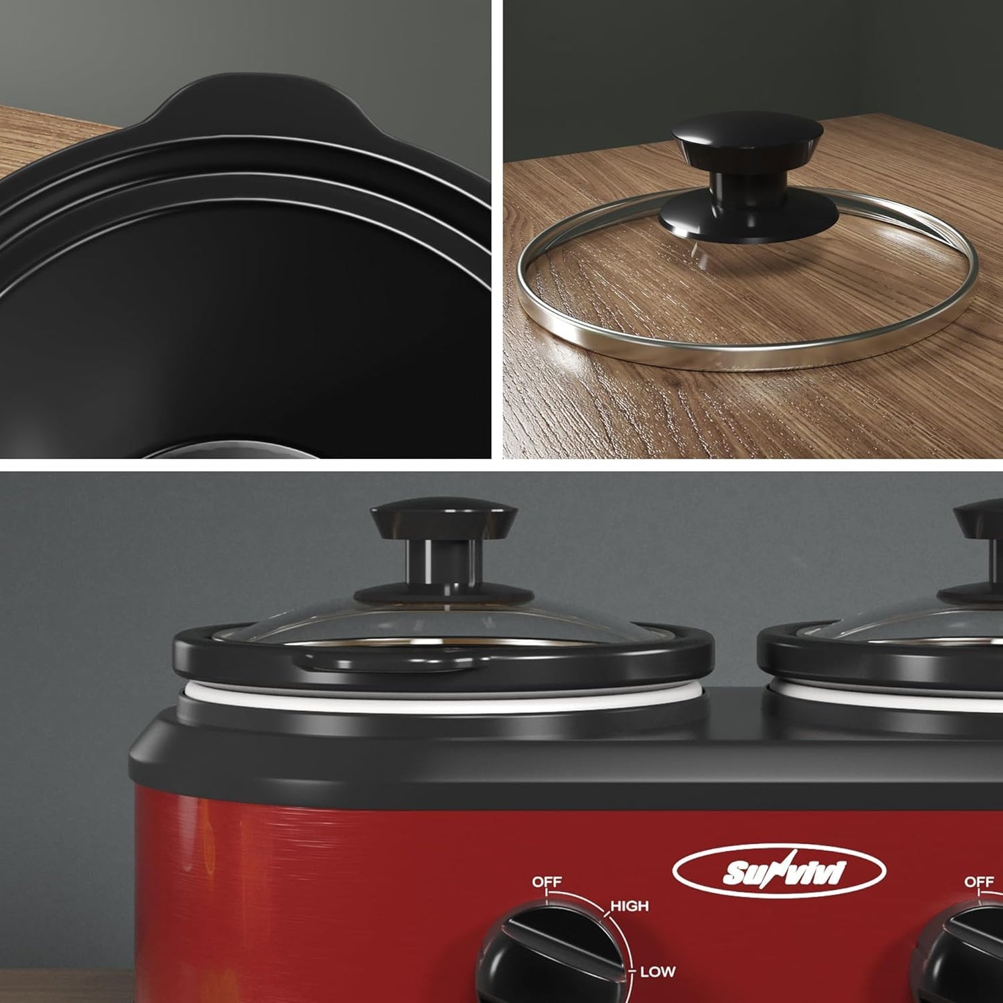 Sunvivi Double Slow Cooker,2 Pot Small Mini Crock Buffet Servers and Warmer,Dual Pot Oval Manual Slow Cooker with Adjustable Temp Removable Ceramic Pot,Stainless Steel, Total 2 * 1.25 Quarts Red