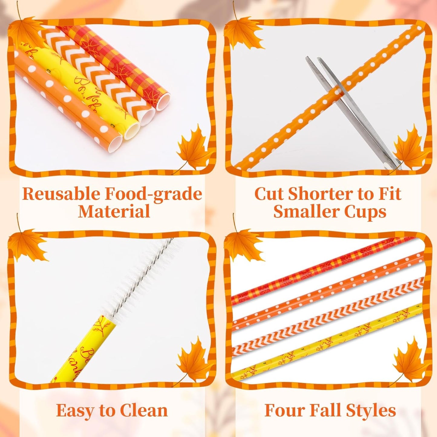 JANYUN 30 Pieces Fall Straws, 9inch Hard Platic Reusable Thanksgiving Drinking Straws Autumn Maple Leaf Pumpkin Straw for Family Party Favors Supplies Cleaning Brush (Orange & Yellow)
