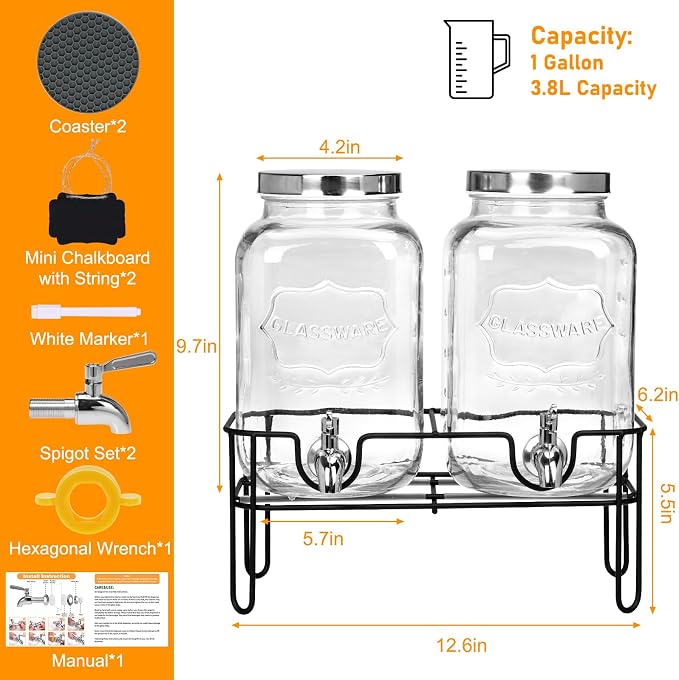 Bululuo Glass Drinks Dispenser for Parties, 2 PACK 1 Gallon Beverage Dispenser - Image 2