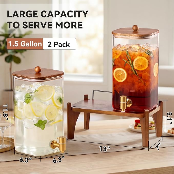 2 Pack 1.5 Gallon Square Glass Drink Dispenser - Image 2
