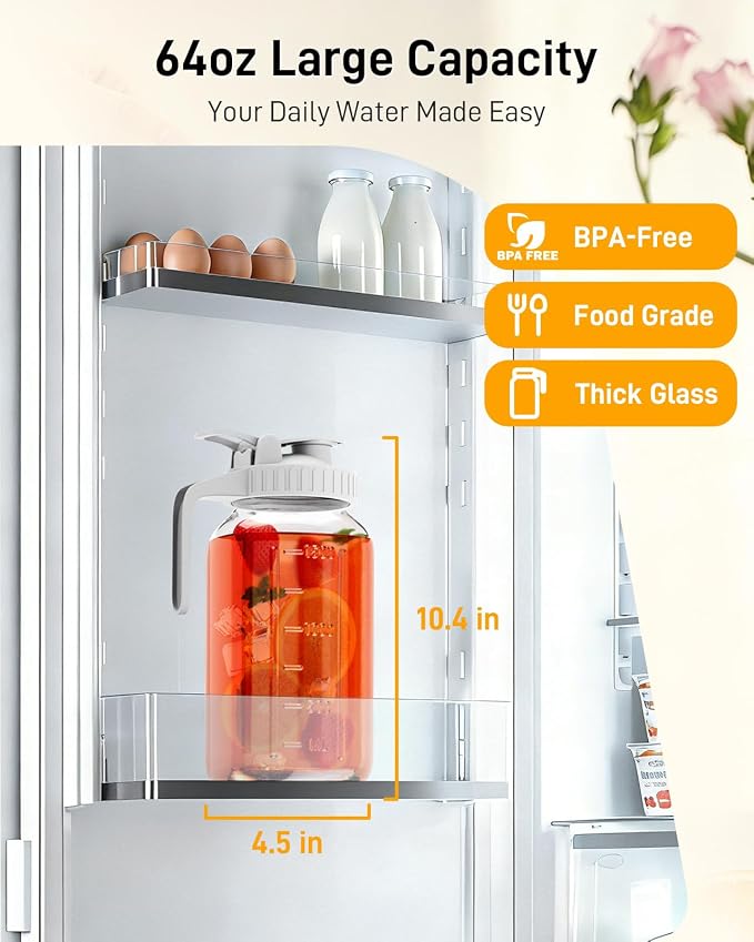 64 oz Glass Pitcher with Lid, Large Wide Mouth Mason Jar with Pour Spout - Image 2