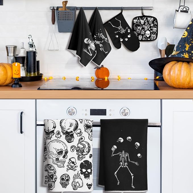 Leinuosen 8 Pcs Skull Kitchen Decor Set Kitchen Towels Gothic Oven Mitts and - Image 5