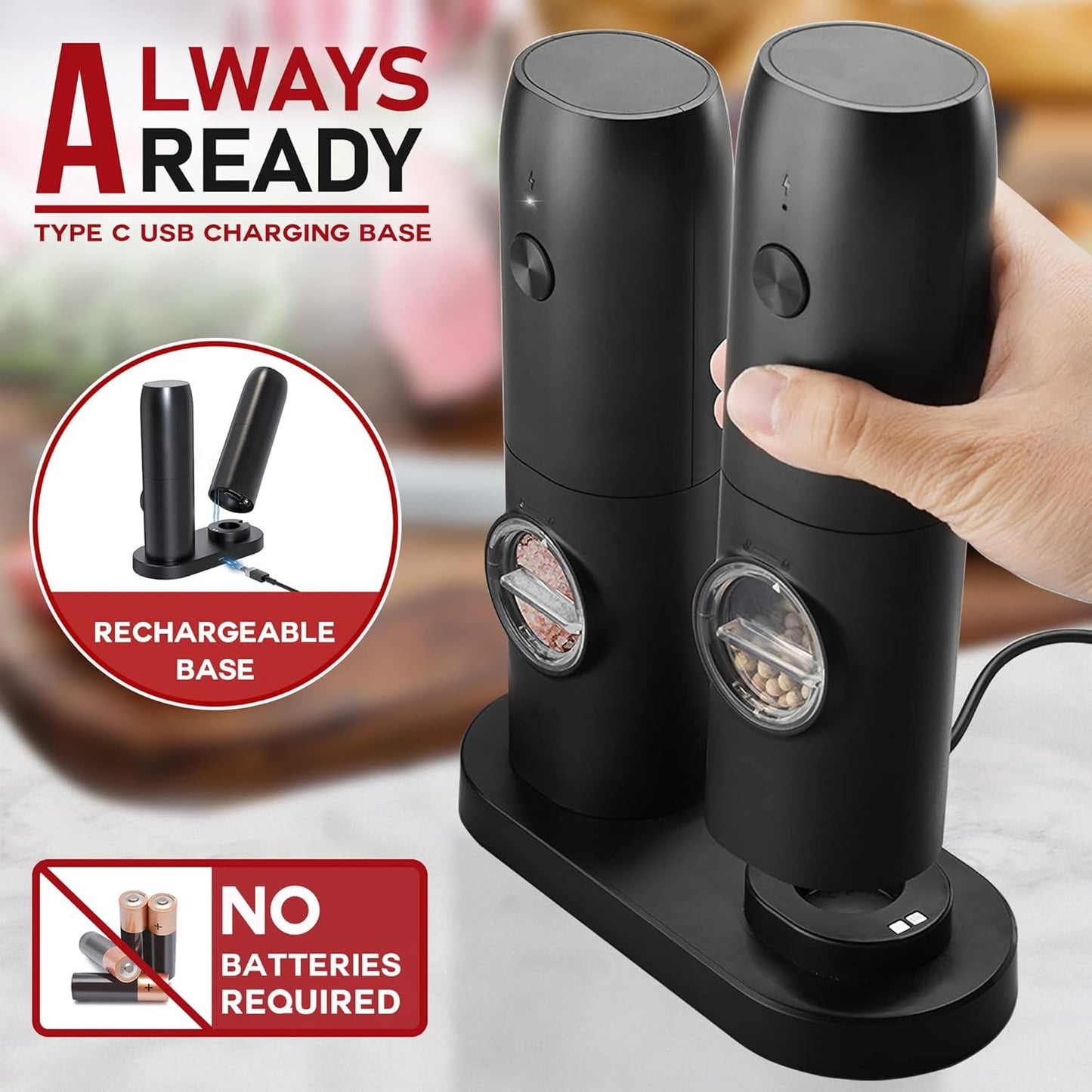 Electric Salt and Pepper Grinder Set of 2, Automatic Pepper Mill,USB Rechargeable, Adjustable Coarseness, One-handed Operation, Ceramic Burr, Refillable, Auto Grinders with Charging Base LED Light