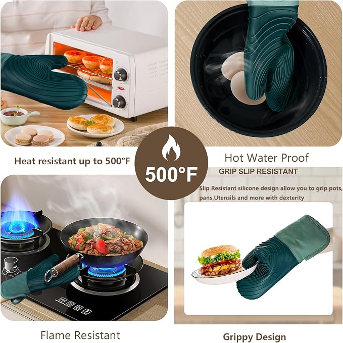 Silicone Oven Mitts-13.6 in Extended Oven Mitts Heat Resistant 500F, Oven Gloves - Image 4