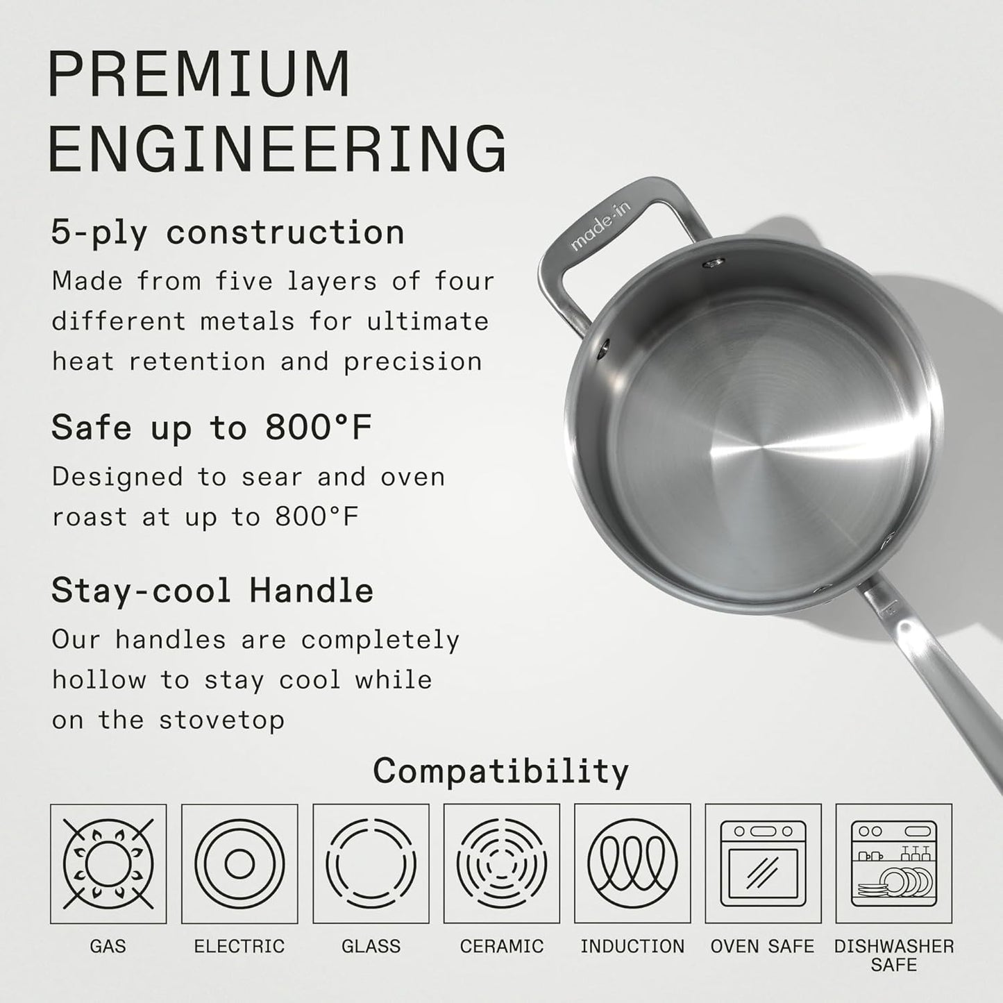 Made In Cookware - 4 Quart Stainless Steel Saucepan with Lid - 5 Ply Stainless Clad Sauce Pan - Professional Cookware - Crafted in Italy - Induction Compatible