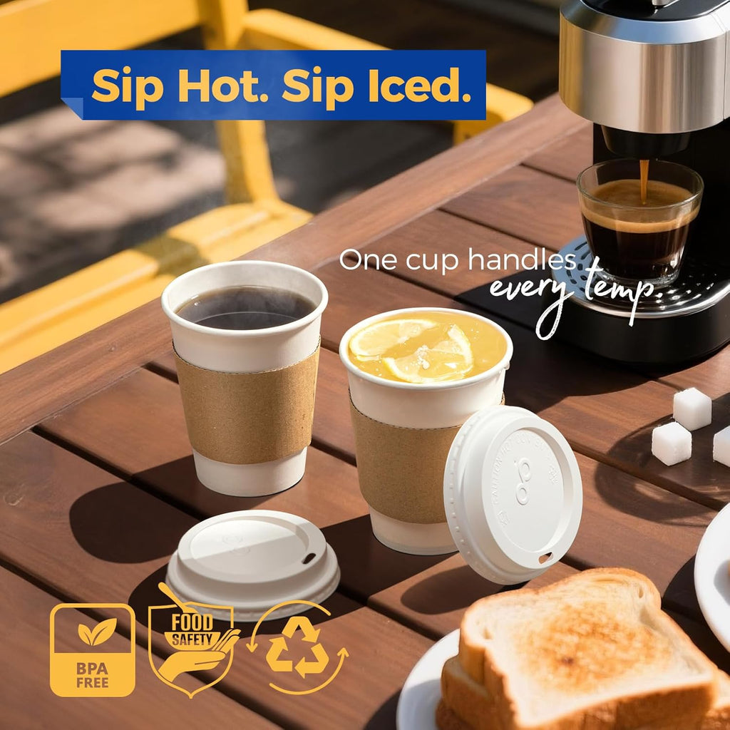Fit Meal Prep 100 Pack 12 oz Disposable Coffee Cups with Lids, Sleeves, Leak-Proof To Go Coffee Cups with Lids, Durable Hot Paper Cups for Home, Office, Party, Business