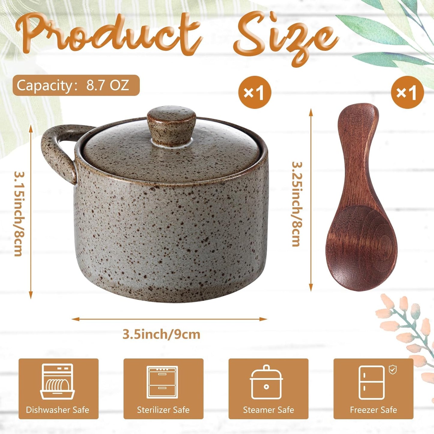 Honeydak Speckled Ceramic Salt Cellar with Lid and Wooden Spoon, Rustic Farmhouse Salt Pepper Cellar Holder for Housewarming Gift, Heavyweight Spices Jar for Kosher, Sea, Sugar