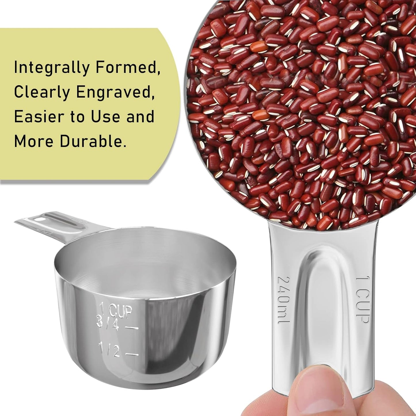 4PCS 1Cup (240ml, 8oz) Single Measuring Cup, Stainless Steel Measure Scoop, Metric and US Measurement, Dishwasher Safe