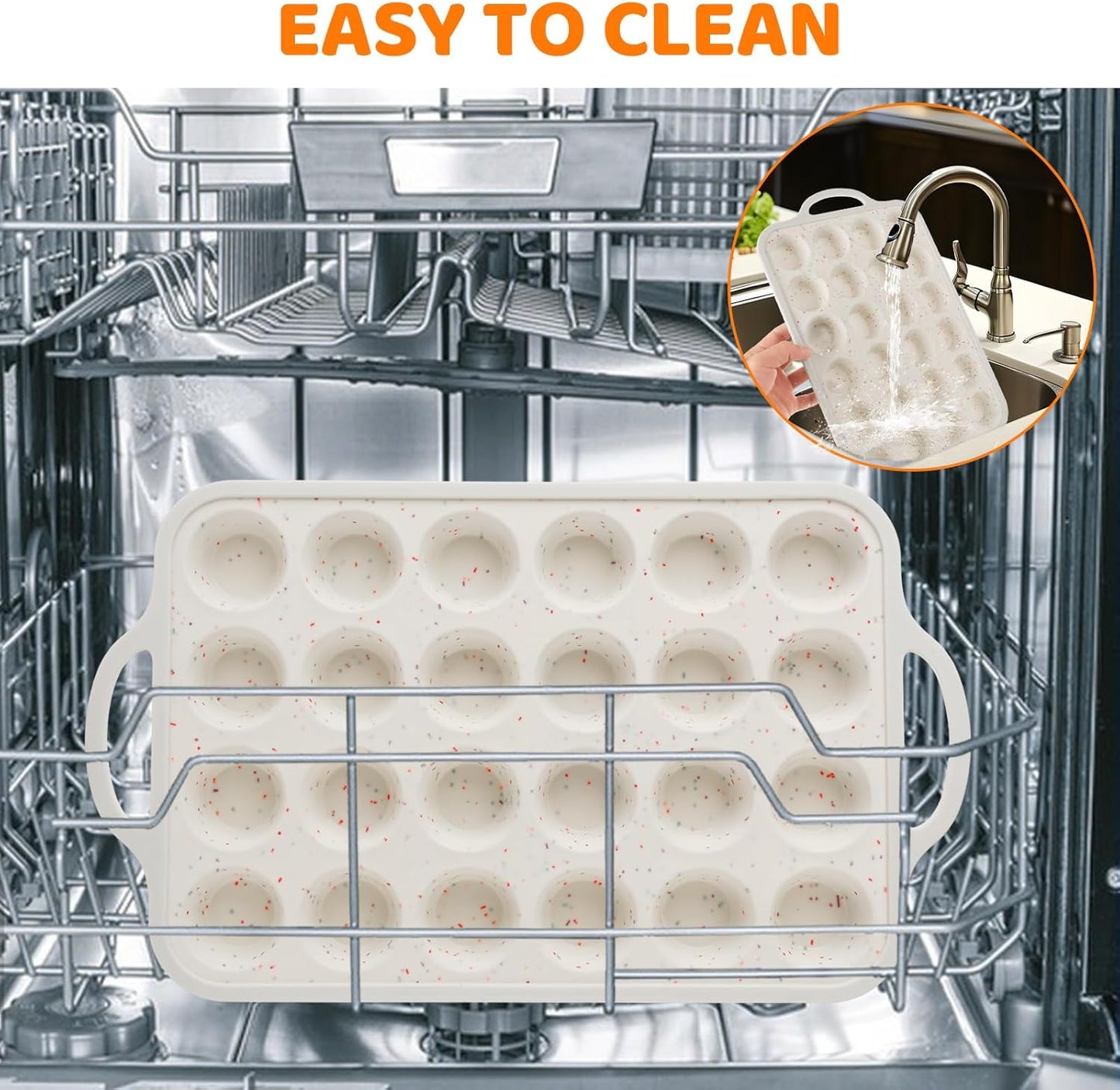 3 Pack Silicone Muffin Pan for Baking 24 Cup Mini Silicone Cupcake Pan with Metal Reinforced Frame, Nonstick Baking Cups BPA Free Silicone Cupcake Molds for Oven Dishwasher Safe, Cream