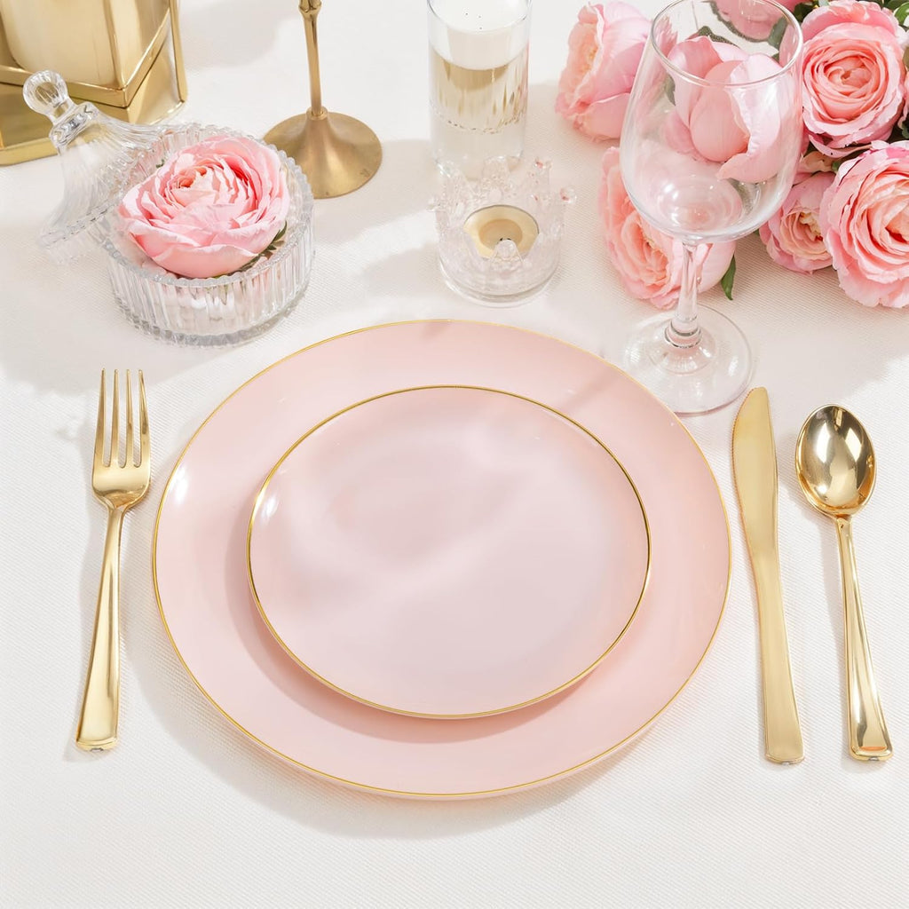 PULOTE 200Pieces Pink Plastic Plates - Premium Hard Pink and Gold Disposable - Include 100PCS 10 inch Dinner & 100PCS 7 inch Dessert Plates, Ideal for Wedding & Party