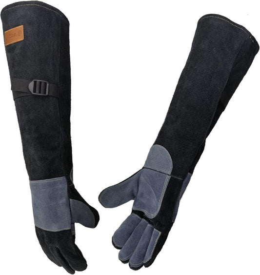 23.6 In Leather Welding Gloves for Animal Handling,Grabbing Reptile, Grooming,Trips to Vet,BBQ,Fireplace.Puncture & Scratch Resistant, Bite Proof for Cat Dog Bird Falcon Livestock Snake L Black