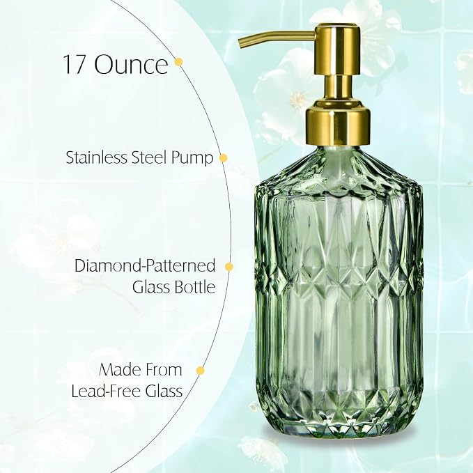COHOSEGE 17 Oz Green Glass Kitchen Soap Dispenser - Image 2