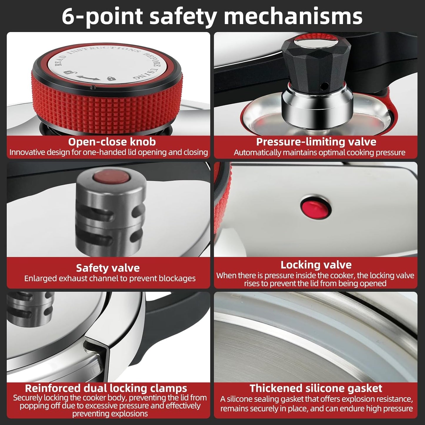 6.3 QT Pressure Cooker, 304 Stainless Steel - Explosion-Proof Lock, One Hand Operation, Fast Cooking, Dishwasher Safe & Induction Compatible, Family Size Cookware