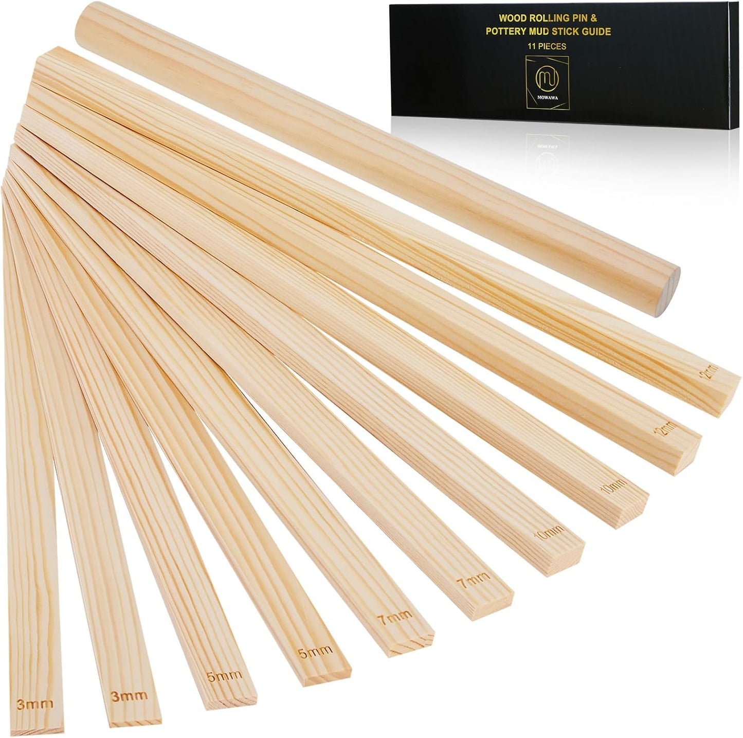 11 Pcs Pottery Rolling Pin Set, 5 Size Pottery Teaching Rolling Mud Stick Guide and Wooden Clay Roller, Pottery Tools for Precise Polymer Clay Thickness Measurement, Clay Tools Gifts Craft