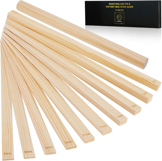 11 Pcs Pottery Rolling Pin Set, 5 Size Pottery Teaching Rolling Mud Stick Guide and Wooden Clay Roller, Pottery Tools for Precise Polymer Clay Thickness Measurement, Clay Tools Gifts Craft