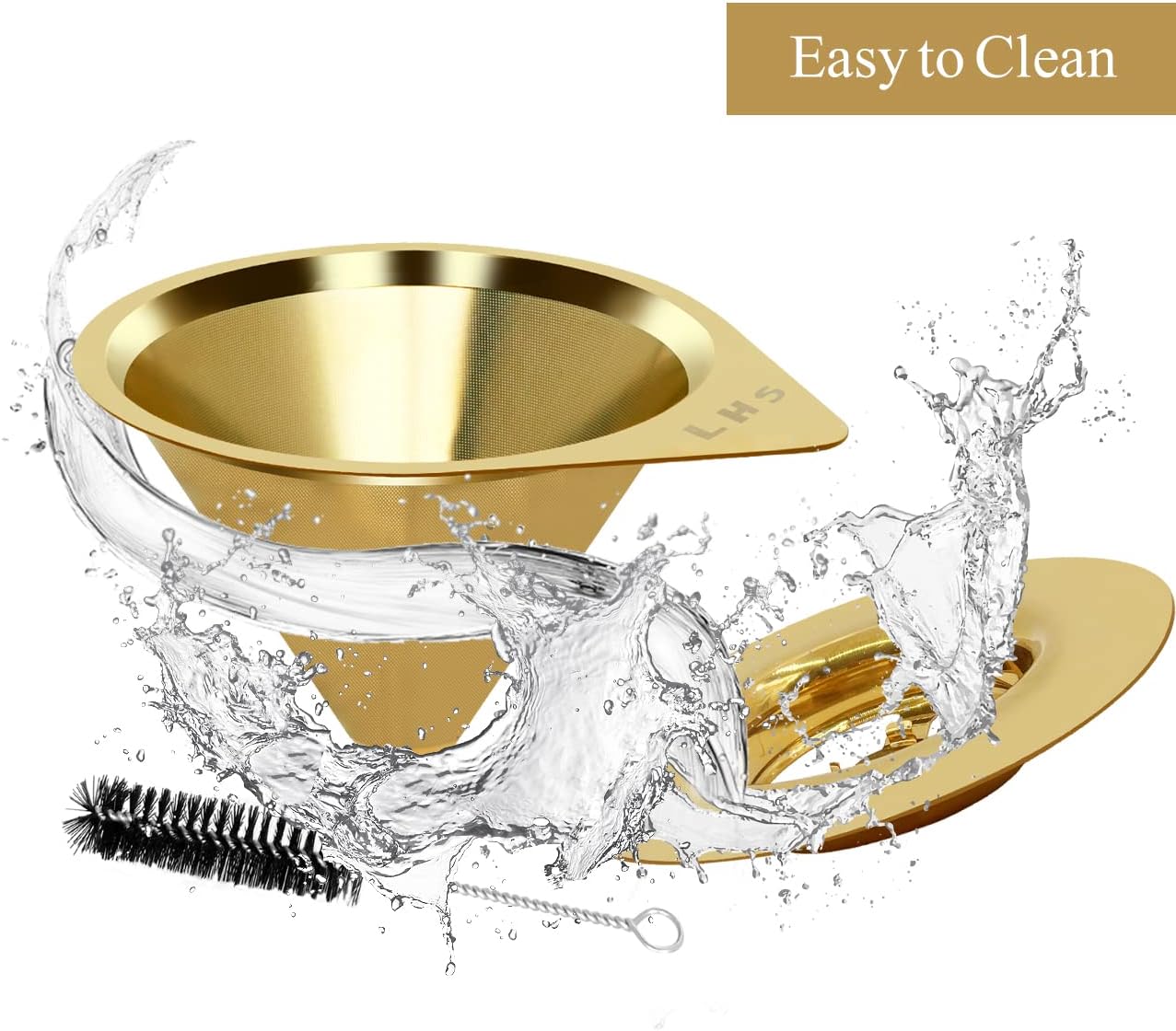 LHS Pour Over Coffee Dripper Reusable Coffee Filter Paperless Coffee Filter Stainless Steel Pour Over Coffee Maker Cone Coffee Dripper for 1-2 Cup,Gold