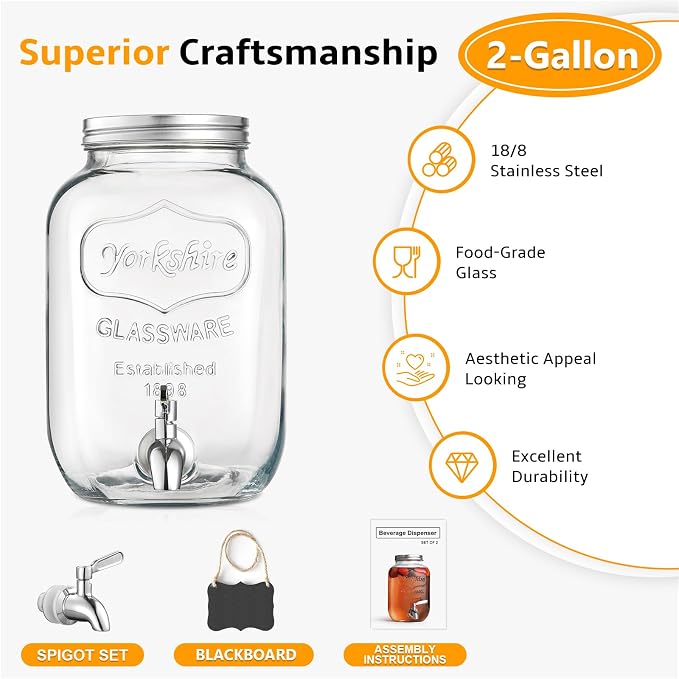 2 Gallon Glass Beverage Dispenser, 18/8 Stainless Steel Spigot and Lid - Image 5