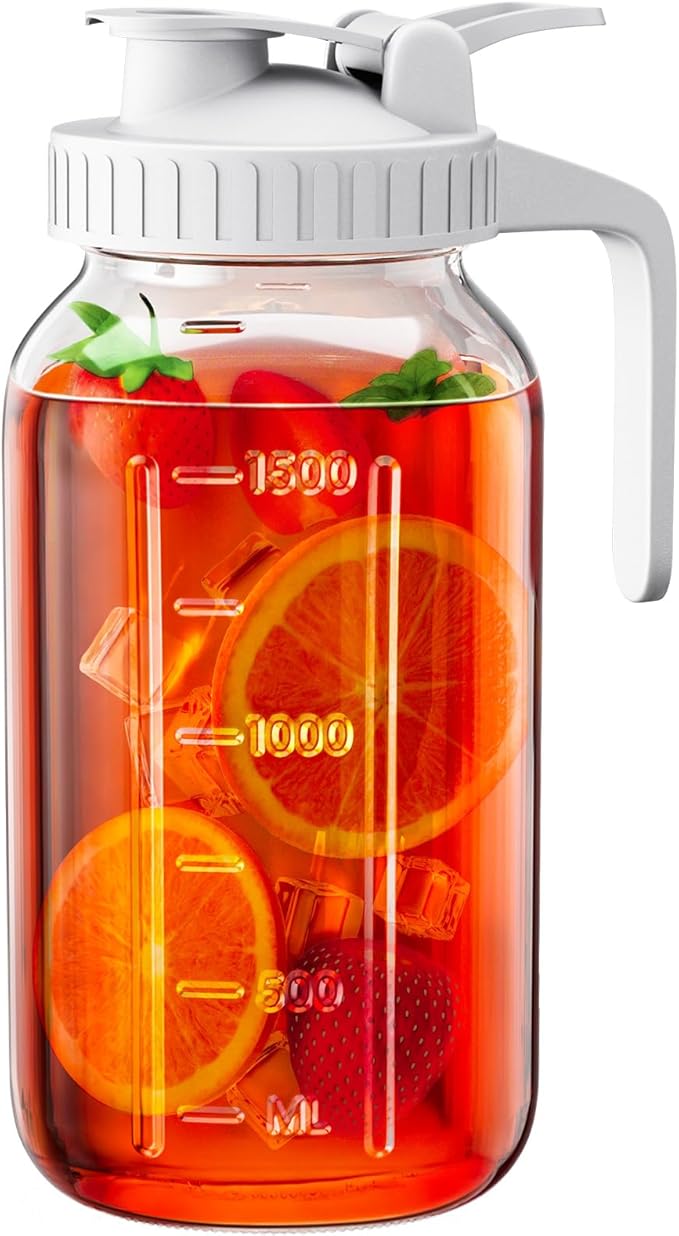 64 oz Glass Pitcher with Lid, Large Wide Mouth Mason Jar with Pour Spout by OneDream