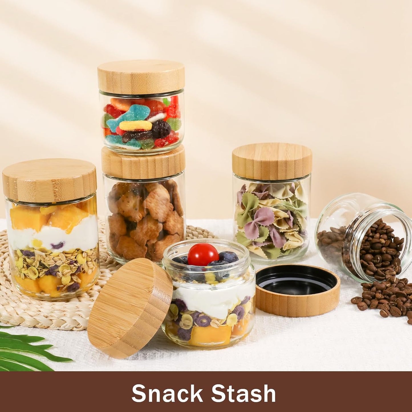 OcePor 6 Pack Glass Jars with Bamboo Lids, Over Night Oats Container with Airtight Lid, Glass Snack Storage Salad Jars For Food, Yogurt, Sugar and Flour,Coffee Bean, Cookie, Cereal
