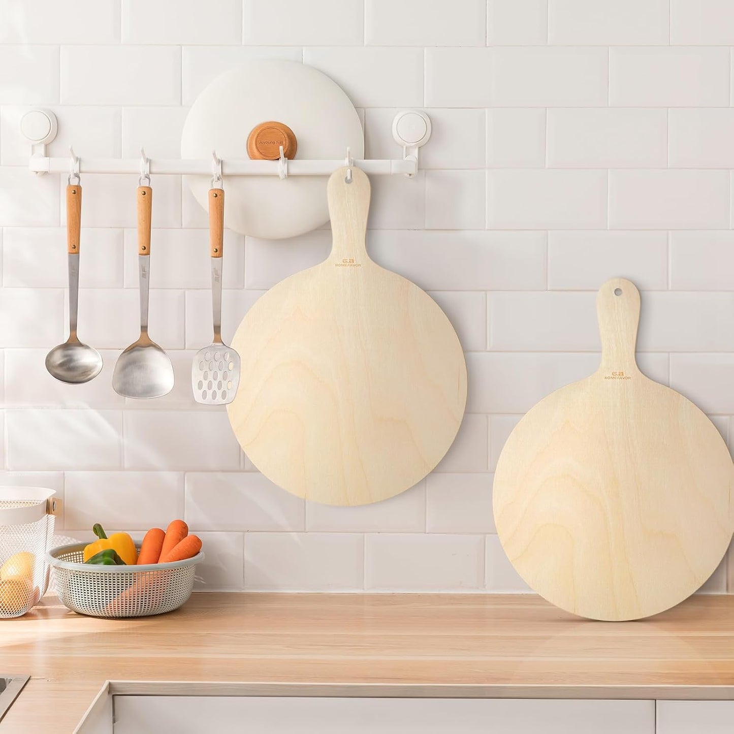 G.a HOMEFAVOR 2-Piece Wooden Pizza Peel: 12 Inch Pizza Spatula with Wood Handle Suitable for 12"x12" Pizzas - Large Cutting Board for Transferring Pizza in Oven