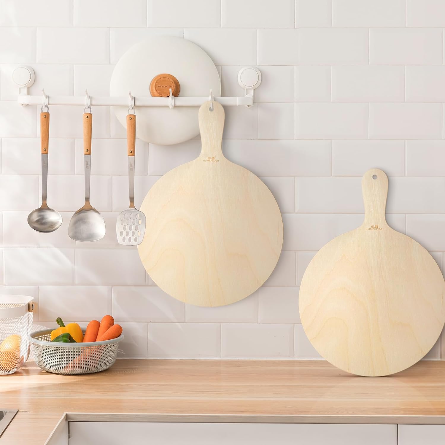 G.a HOMEFAVOR 2-Piece Wooden Pizza Peel: 12 Inch Pizza Spatula with Wood Handle Suitable for 12"x12" Pizzas - Large Cutting Board for Transferring Pizza in Oven