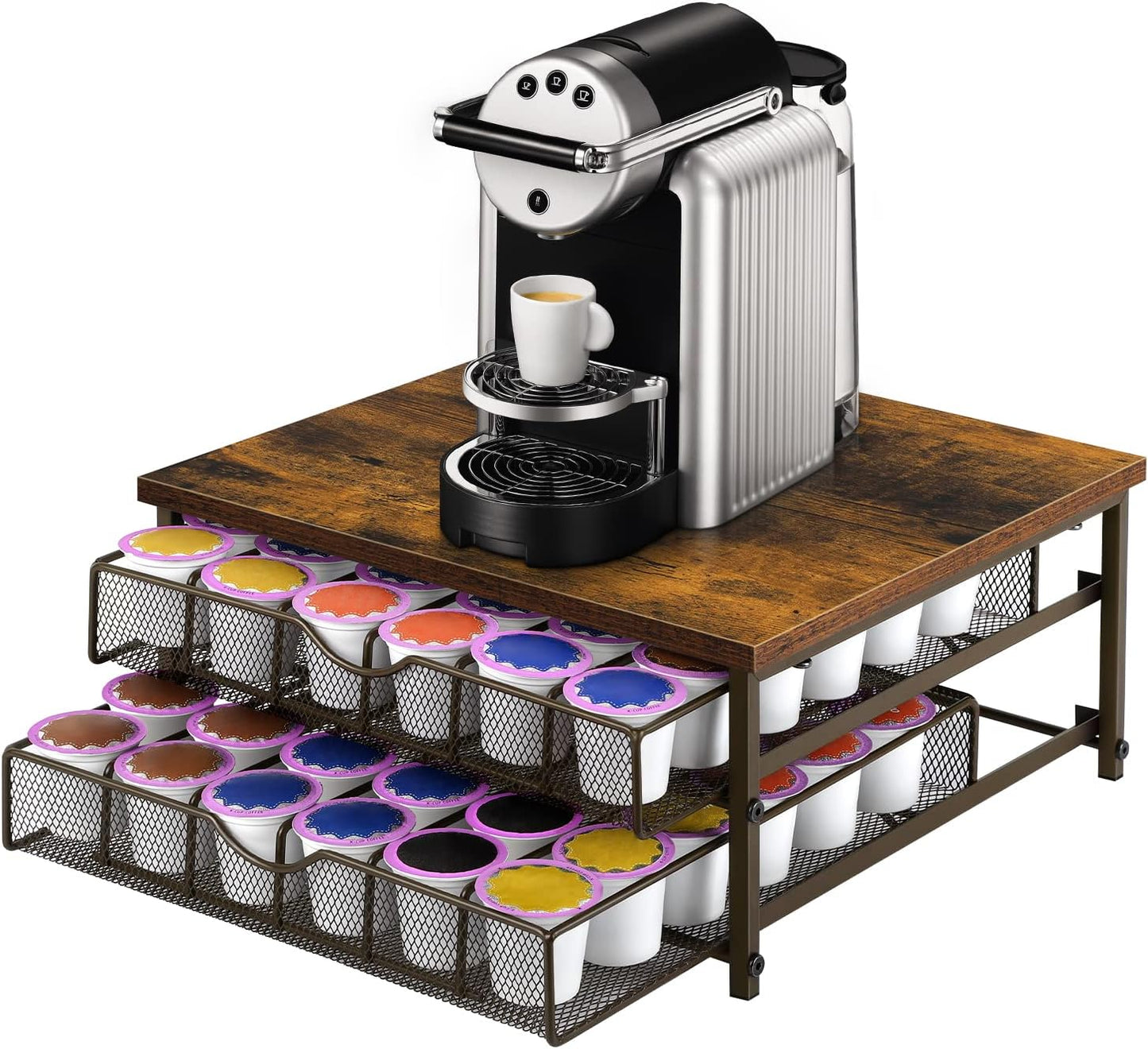 Coffee Pod Drawer Holder Coffee Pod Storage Organizer for Counter 2 Tier Coffee Pod Holder 72 Capacity Capsule Storage Rack with Sliding Baskets for Home Office (Brown)
