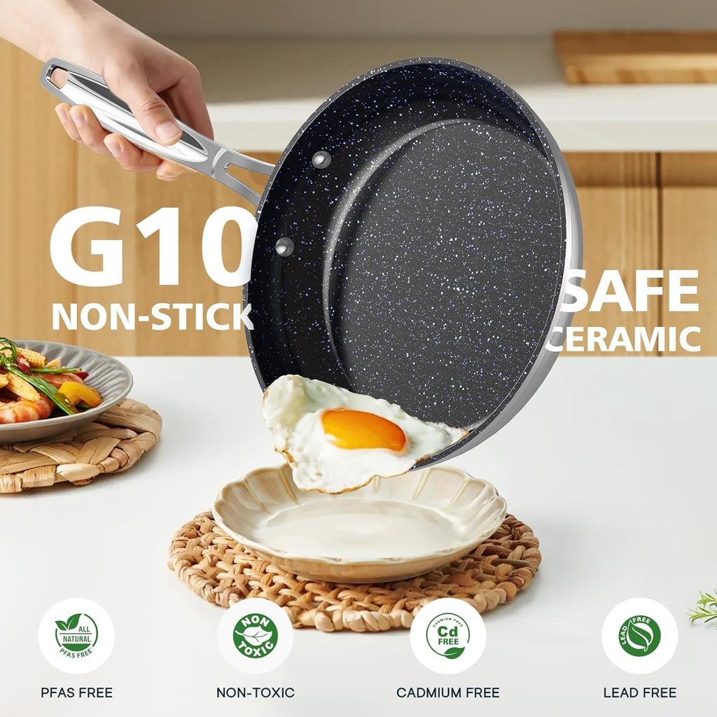 Nuwave 3-Piece 8”, 10”, 12” Forged Lightweight Frying Pan Set, G10 Healthy Duralon Blue Ceramic Ultra Non-Stick, Ergonomic Stay-Cool Handles, Induction-Ready & Works on All Cooktops