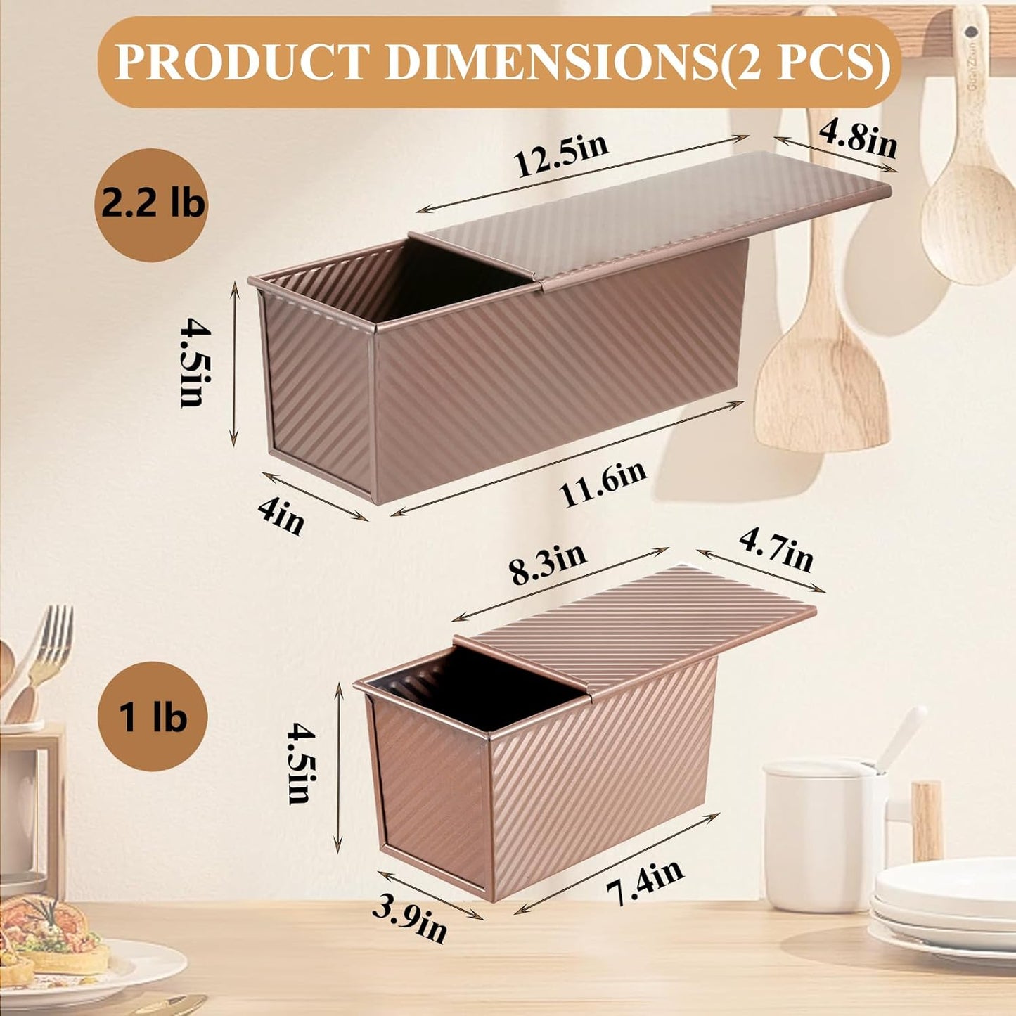 SS&CC Pullman Loaf Pan with Lid 2-Pack, 2.2lb & 1lb Carbon Steel Bread Pan for Homemade Sourdough & Sandwich Bread | Nonstick Bakeware, Heavy Duty & Easy Clean (Gold, 1lb+2.2lb)