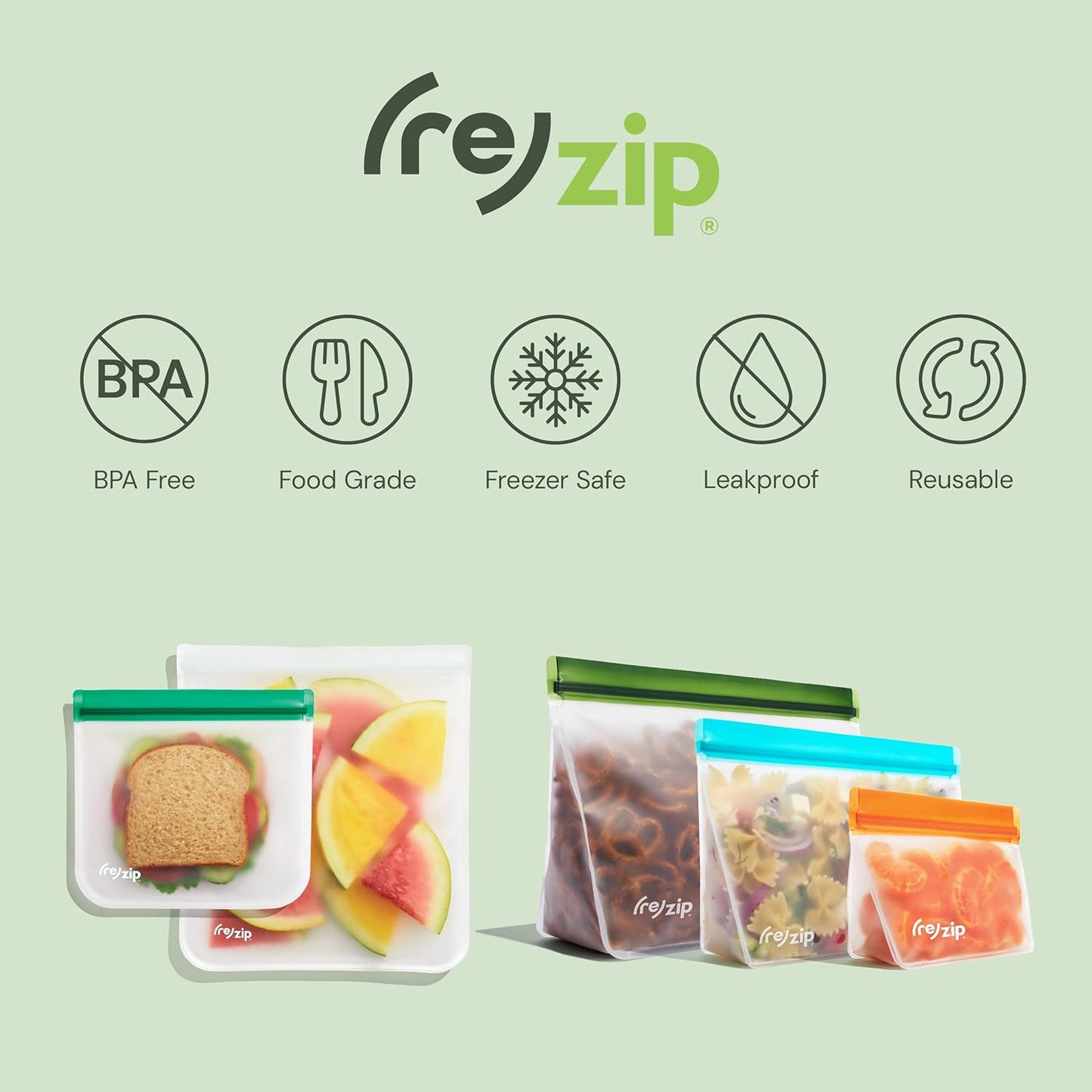 (re) zip 3-Piece Stand-Up Reusable Bag Kit | BPA-Free, Food Grade, Leakproof, Freezer and Dishwasher Safe | Quart (1), 2-Cup (1), Snack (1) | Aqua