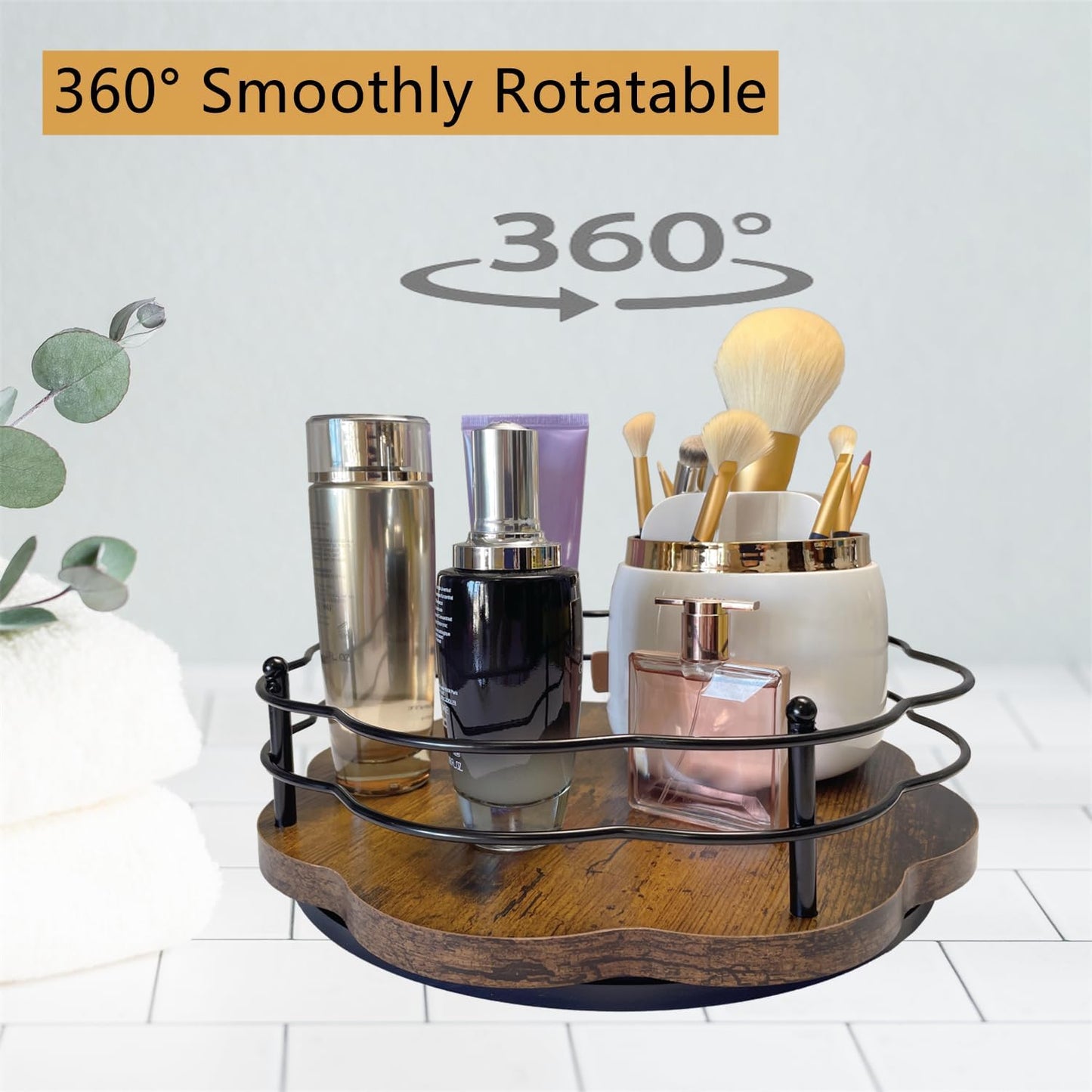 Lazy Susan Turntable Organizer with Higher Metal Sides, 11" Wooden Lazy Susan Spice Rack Organization and Storage for Cabinet,Kitchen,Countertop,Table Top,Dining Table,Coffee Bar Decor