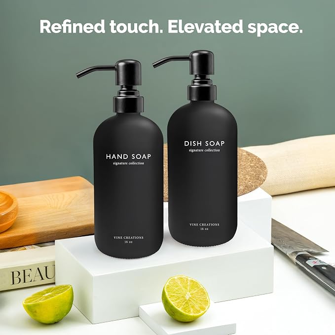 Vine Creations Black Glass Soap Dispenser Set, Dish Soap and Hand Soap - Image 6