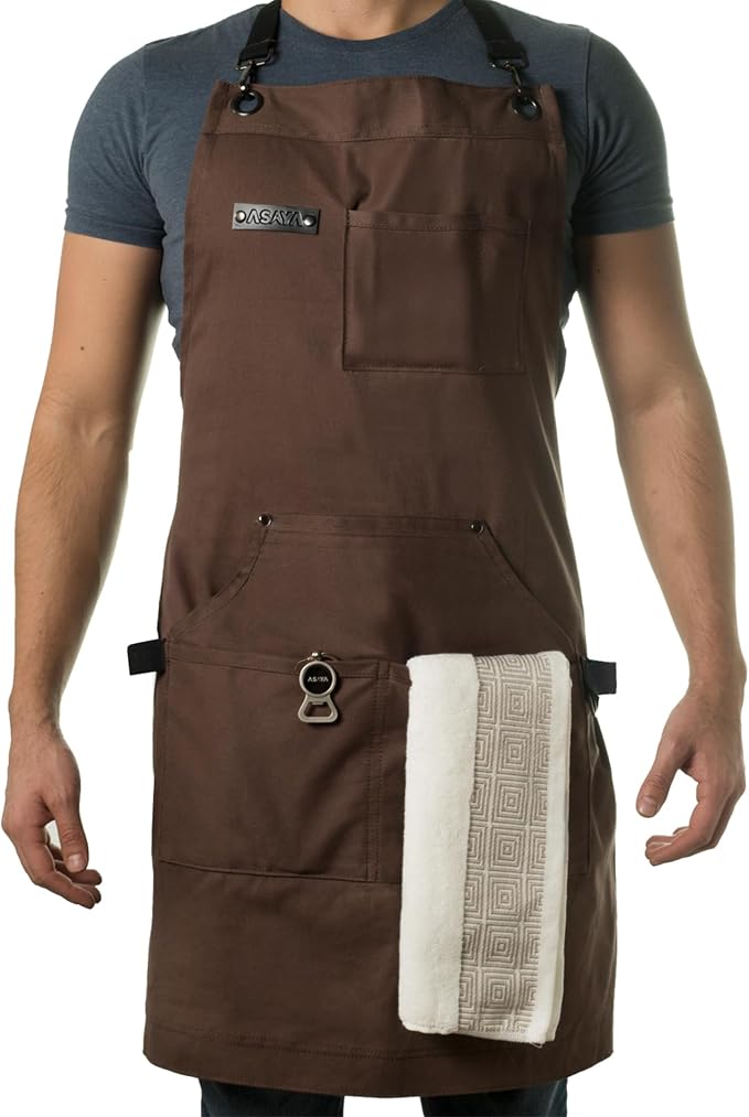 Asaya Chef and BBQ Apron with Bottle Opener and Hand Towel - 10oz Cotton Canvas by AsayaChefProducts
