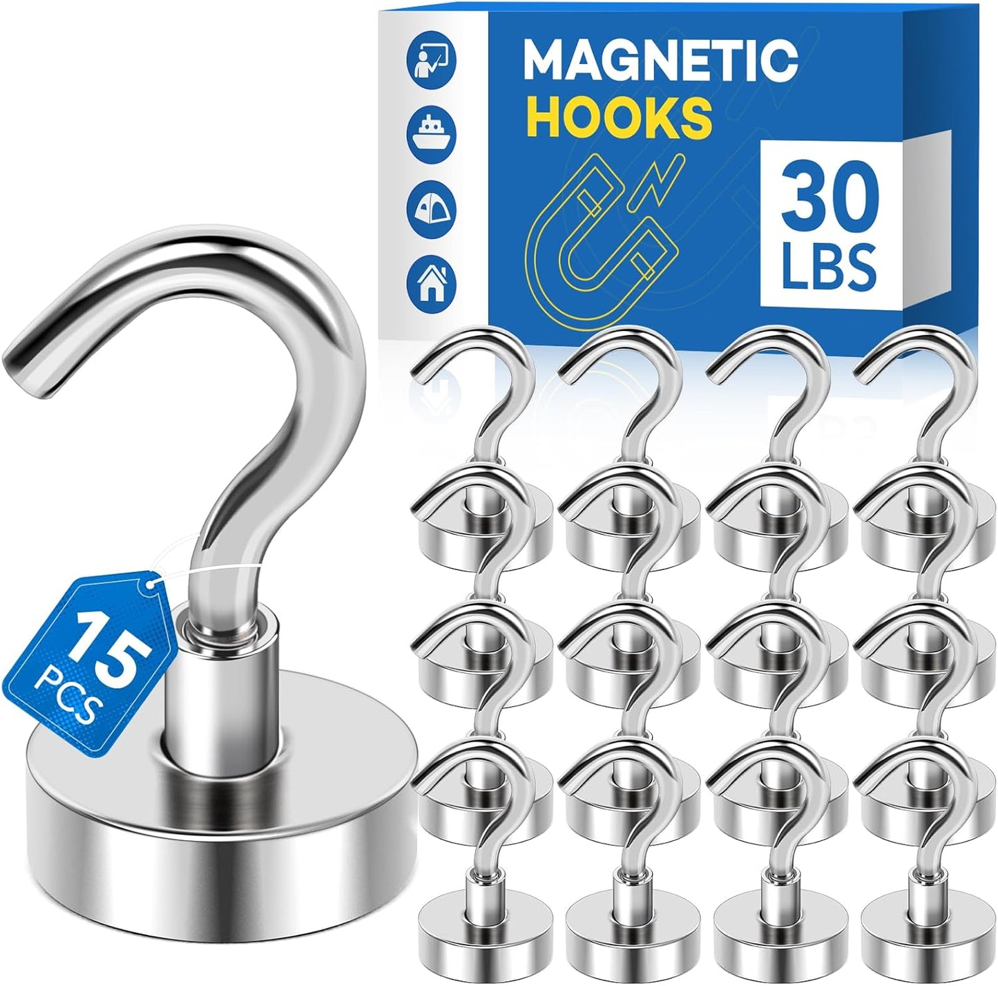 LOVIMAG Magnetic Hooks for Hanging, 30lbs Magnet Hooks for Cruise Ship Essentials, Strong Magnets for Classroom, Rare Earth Magnets with Hooks for Cruise Must Haves, Camper, Locker,Ceiling-15 Pcs