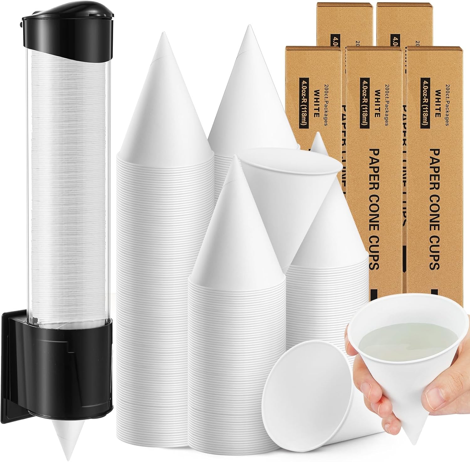 Roshtia 1000 Pcs 4 oz Paper Cone Cups Thicken Disposable with 1 Cups Dispenser Pull Type Wall Mount Cup Holder Paper for Restaurants, Home, and Office, and Shaved Ice, Cold (Black)