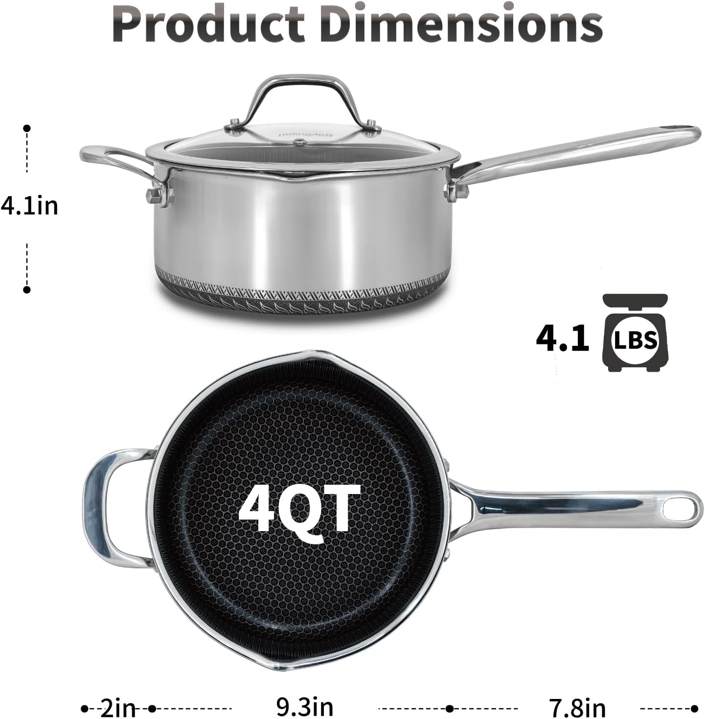 Hybrid Nonstick 4 QT Saucepan with Lid, Stainless Steel Stockpot with Honeycomb Texture,Compatible with All Cooktops,Dishwasher and Oven Safe