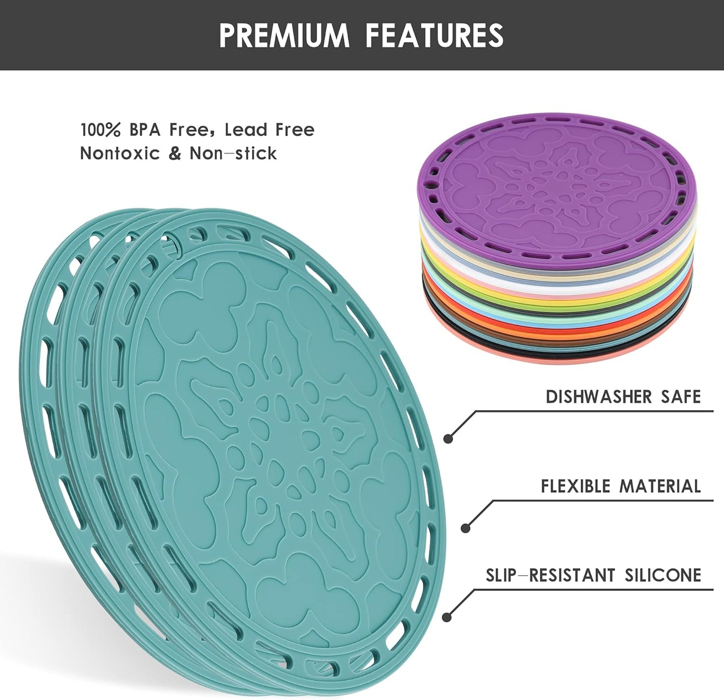 Smithcraft Silicone Trivets - Big Round Mats and Pot Holders for Hot Dishes and Pots, Countertops, Tables, Spoon Rest - Set of 3 Blue