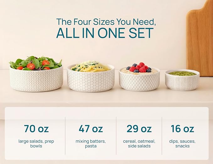 KooK Serving Bowls, with Lids, Ceramic Nesting Bowls, Microwave and Dishwasher - Image 6