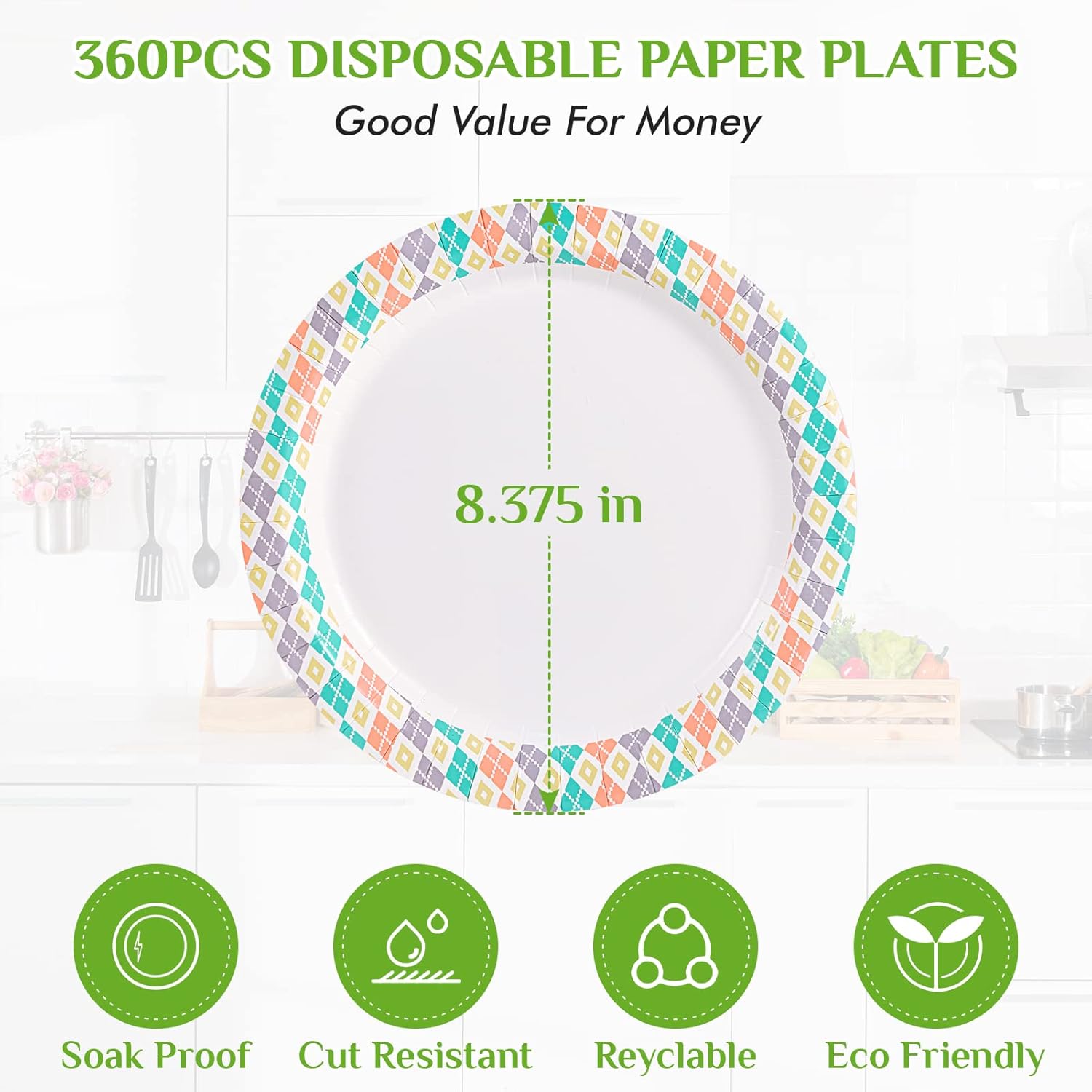 FOCUSLINE 360pack Paper Plates 8.375 Inch, Soak Proof Disposable Paper Plates for Everyday Use, 360 Count Plate with Color Checkered Design, Strong and Heavy Duty Round Plate
