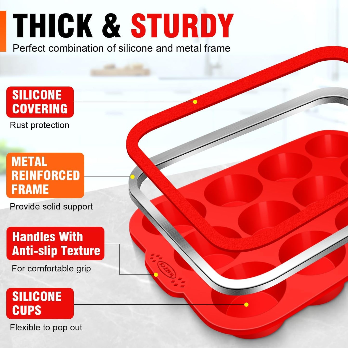 Walfos Silicone Muffin Pan with Metal Frame, 2.8 Inch Regular Size Silicone Cupcake Pan Muffin Tin, Non-Stick 12 Cups Egg Bites Molds for Baking, BPA Free, Dishwasher Safe, 2 Pack