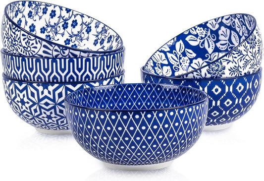 Selamica Ceramic Cereal Bowls Set of 6, 24 Oz Deep Soup Bowls for Kitchen, 5.9 Inch Porcelain Dessert Bowls for Salad, Pasta, Oatmeal, Ramen, Microwave Dishwasher Safe, Set of 6, Vintage Blue