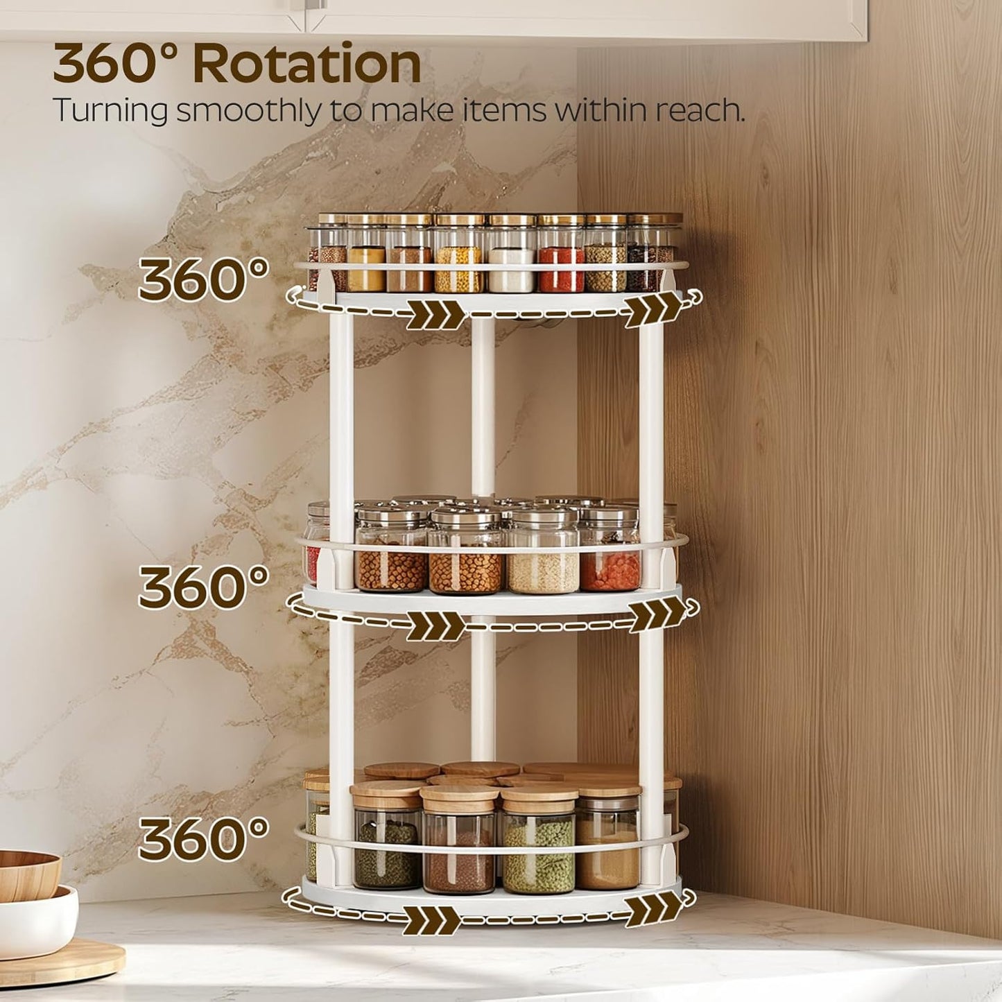 Lazy Susan Organizer, Rotating Spice Rack, 3 Tier Spice Turntable Organizer, Industrial Turntable Spice Holder, for Kitchen Countertop and Cabinet, Compact and Versatile, White SR23WW