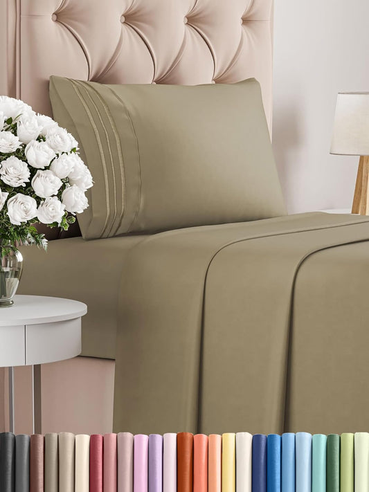 Twin Size 3 Piece Sheet Set - Comfy Breathable & Cooling Bed Sheets Set - Hotel Luxury Bedding for Women, Men, Kids, Teens, Boys & Girls - Deep Pockets, Ultra-Soft and Wrinkle Free - Oeko-Tex - Khaki